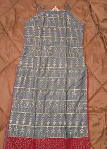Grey and Gold Foil Print Kurta Set with Dupatta