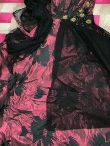 Stunning Black & Magenta Floral Gown with Net