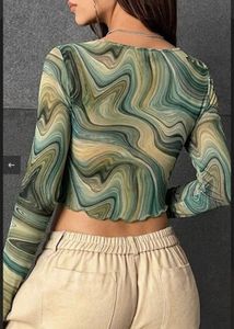 Marble Print Long Sleeve Mesh Top