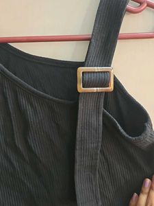 Black Ribbed Tank Top with Buckle Detail