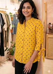 Yellow & Black Print Shirt Style Top