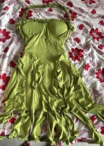 y2k pista Green Ruffle Dress