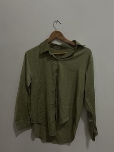 Olive Green Satin Button-Up Shirt