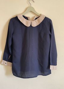 Navy Blue Collared Button-Up Blouse