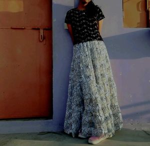 Long white skirt with black Polka dot