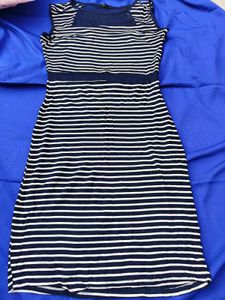 Navy Blue &amp; White Striped Midi Dress