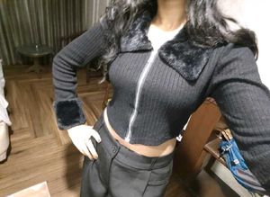 Black Faux Fur Trimmed Cropped Jacket
