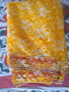 Kids Yellow Floral Net Saree