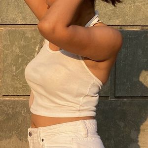 Chic White Ribbed Crop Tank Top - Slim Fit