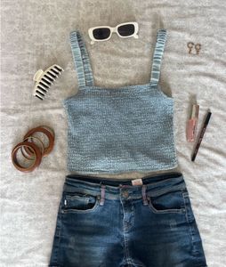 Cute Blue Smocked Tank Top &amp; Denim Shorts Outfit