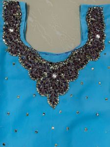 Sky Blue &amp; Burgundy Embellished Aline Suit