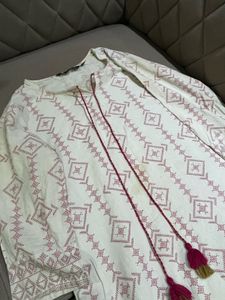 White & Pink Thread-Work Kurti 🌸