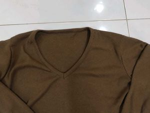 Brown V-Neck Long Sleeve Top