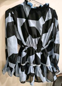 Sheer Geometric Print Ruffle top
