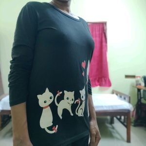 Black Kitty Printed Full Sleeve T-shirt Top