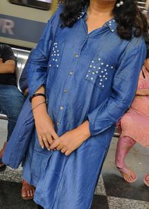 Pearl Embellished Denim Tunic Shirt
