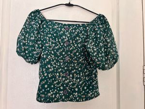 Green Floral Puff Sleeve Top