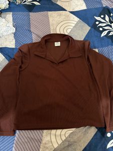Ribbed Collared Long Sleeve Top
