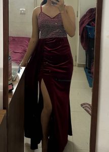 Stunning Burgundy Velvet Slit Gown