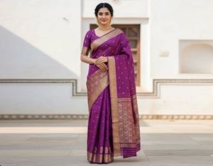 Vibrant magenta Silk Saree with Gold Border