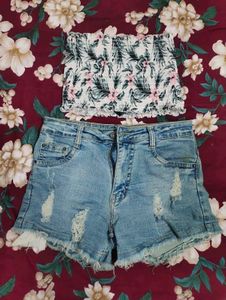 Floral Smocked Tube Top & Distressed Denim Shorts