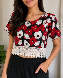 Floral Crop Top with Lace Trim