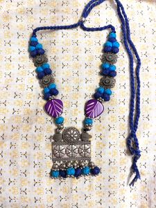 Boho Beaded silver blue Necklace
