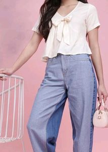 Cream Bow Tie V-Neck Top