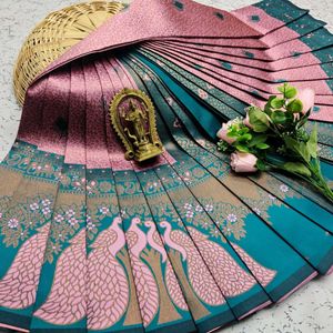 Elegant Pink & Teal Peacock Saree