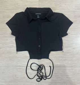 New Black Ribbed Cut-Out Crop Top