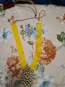Yellow Beaded Necklace Set with Earrings