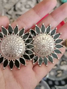 Designer Black &amp; Silver Floral Earrings