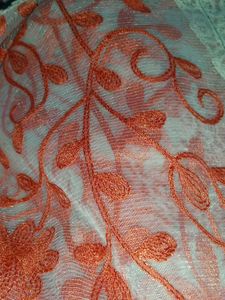 Orange Floral Embroidered Net Dupatta