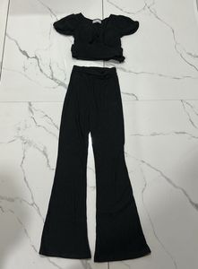 Black Ribbed Crop Top & Flare Pants Set