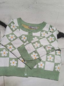 Cute Green &amp; White Floral Checkered Cardigan