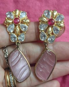 kundan earrings with rose quartz dangler