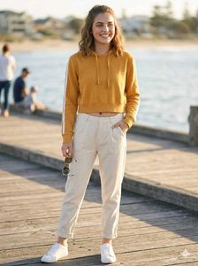 Yellow Cropped Hoodie with Stripe Details