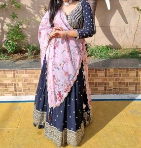 Handwork Navy Blue Lehenga Choli with Pink Dupatta