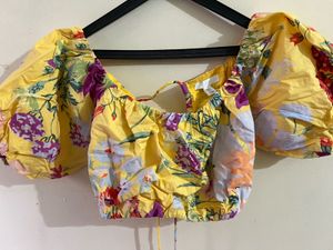 Yellow Floral Puff Sleeve Crop Top