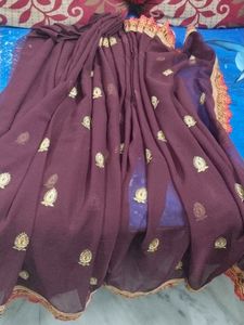 Woman  Embroidery Brown And Golden Saree