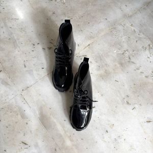 Glossy Black Lace-Up Ankle Boots