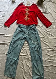 Red Embellished Crop Top & Teal Palazzos