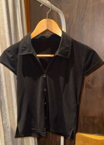 Classic Black Short Sleeve Button-Up Top
