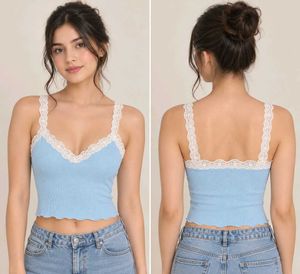 Blue Lace Trim Cropped Cami Tank Top