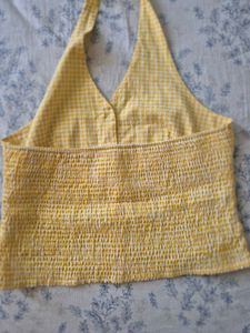 Halter neck cute yellow gingham pattern top