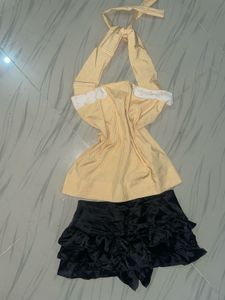 Yellow Gingham Halter Top with Black Ruffle Skirt