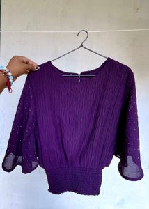 Women's Purple Embellished Bell Sleeve Top