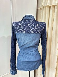Denim Lace Sleeve Button-Up Shirt