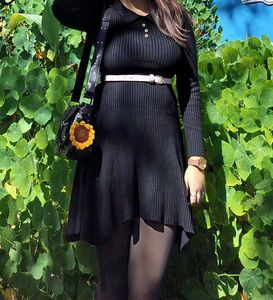 Chic Black Ribbed Knit Midi Dress