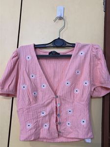 Pink Daisy Embroidered Button-Up Top